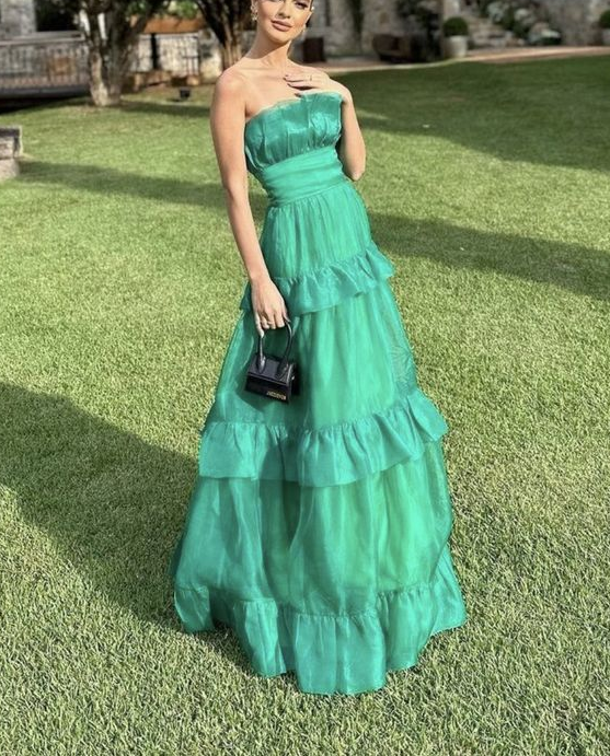 Green Strapless Tulle Layered Long Prom Dress A-Line Evening Party Dress - View 2 | FashionDia