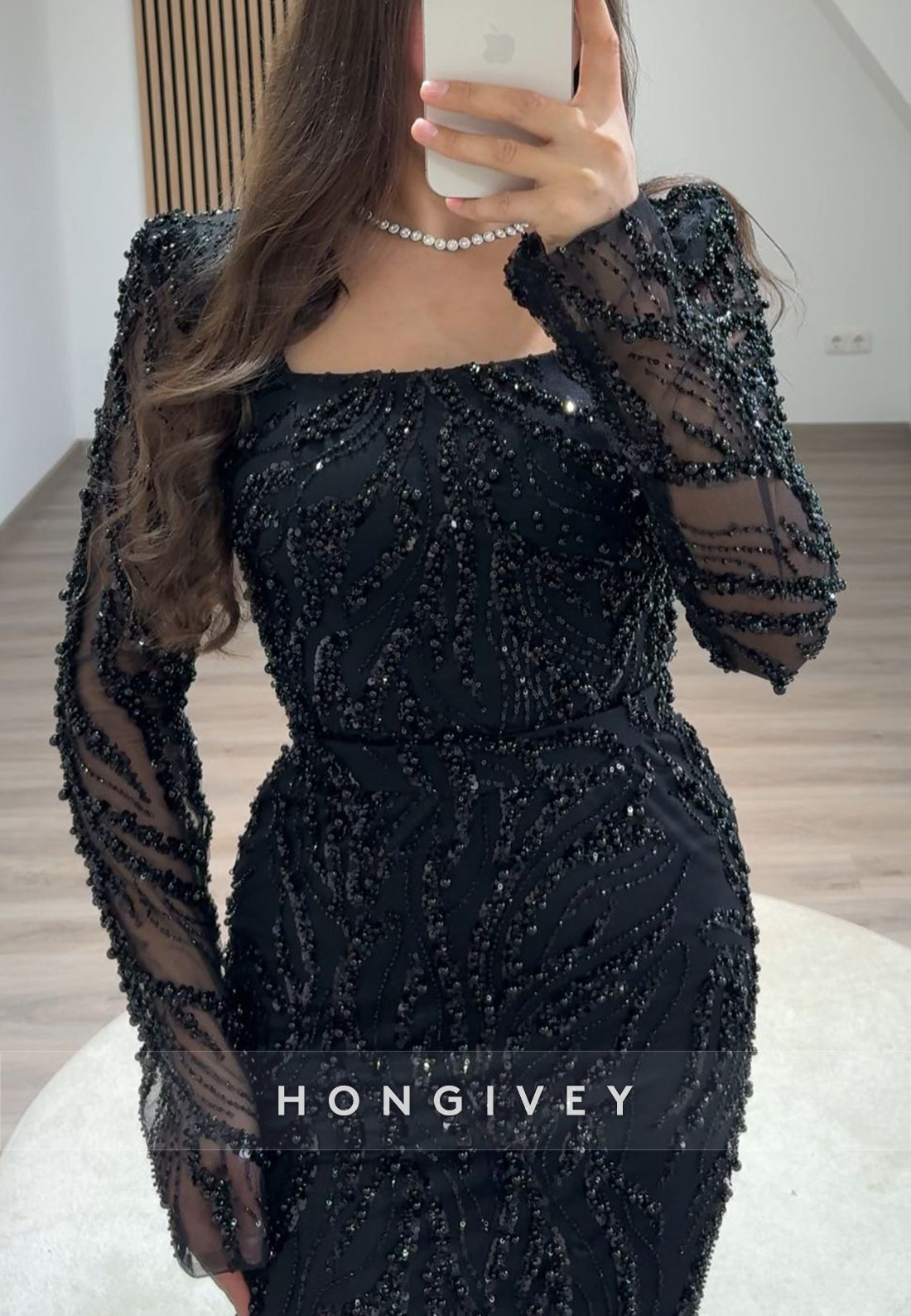 Column Floor-Length Square Long Sleeve Beading Glitter Split Formal Evening Dresses