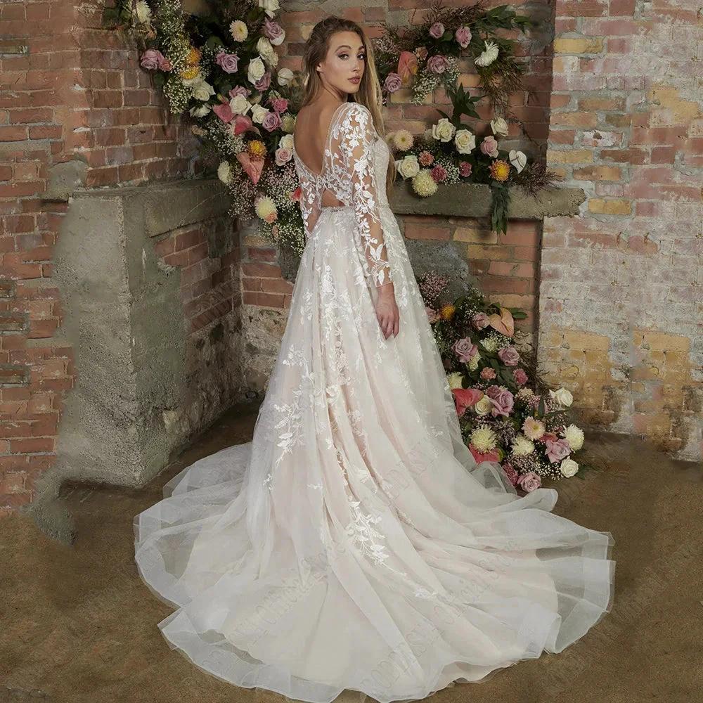 Light Champagne Modern Wedding Dresses Backless Applique Bride Gowns A-Line Tulle V-Neck Long Sleeves vestido de noiva (ZD13386)