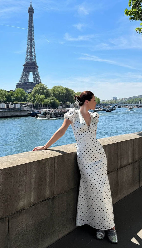 French Style Polka Dot V-Neck Bodycon Maxi Dress - View 3 | VelvetHem