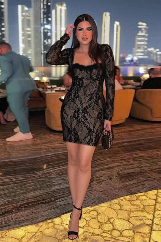 Square Neck Long Sleeve Bodycon Lace Dress - View 5 | VelvetHem