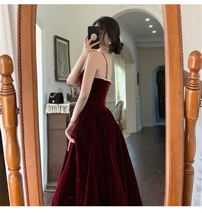 Spaghetti Straps Burgundy Velvet Prom Dress Simple Prom Dress Party Dress - View 4 | FashionDia
