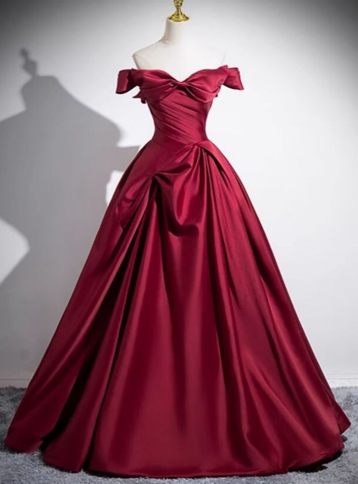 Burgundy Off The Satin Pleated Ball Gown A-Line Prom Dress - FashionDia