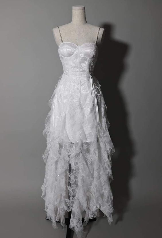 Elegant High Low White Lace Prom Dress Birthday Outfit Strapless Party Evening Gown