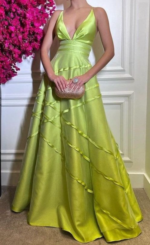 Sexy V Neck A Line Long Prom Dress Satin Backless Evening Dress Party Gown