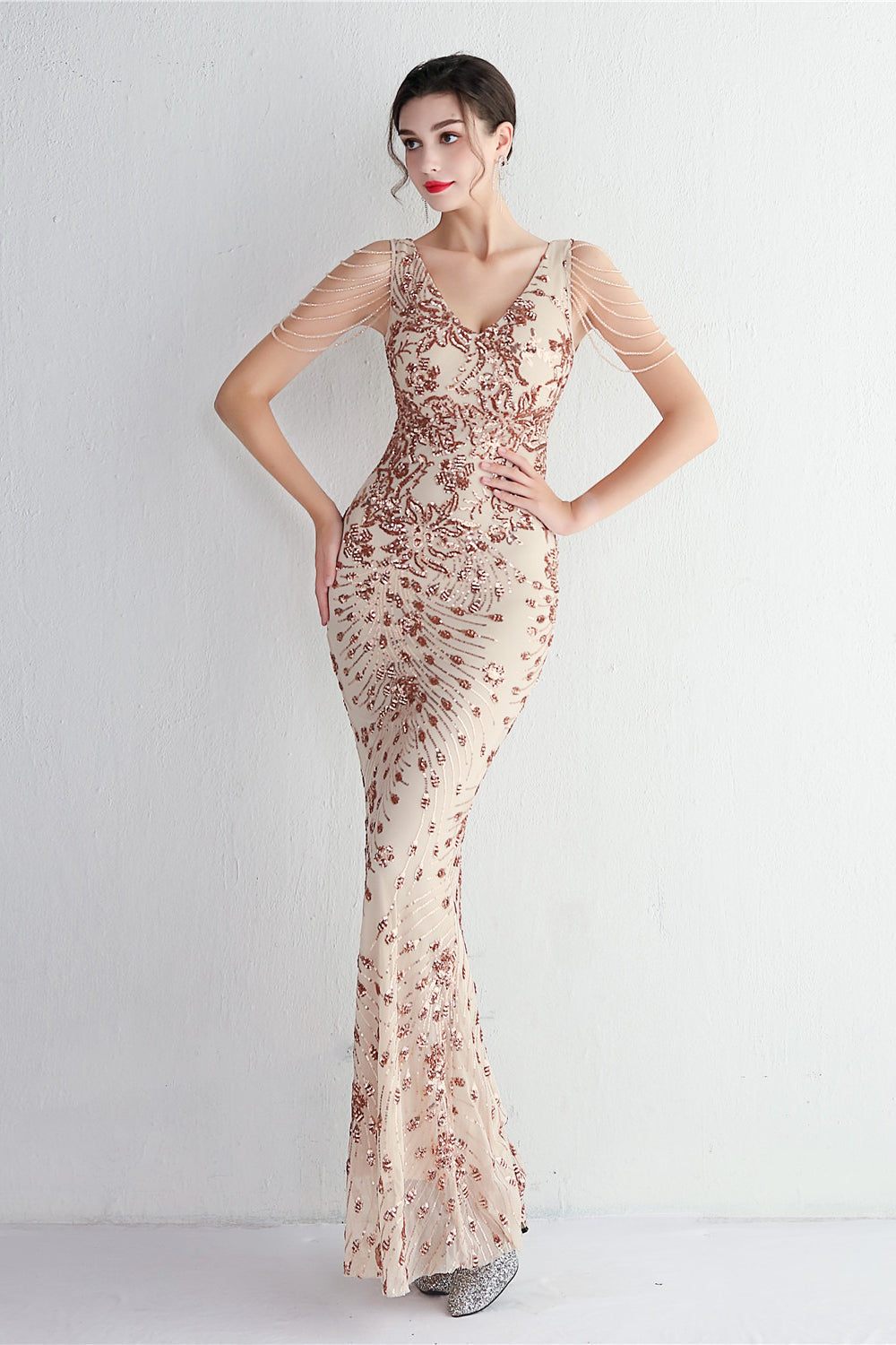 Elegant Long Slim Sequin Formal Event Sequin Dress - View 5 | VelvetHem