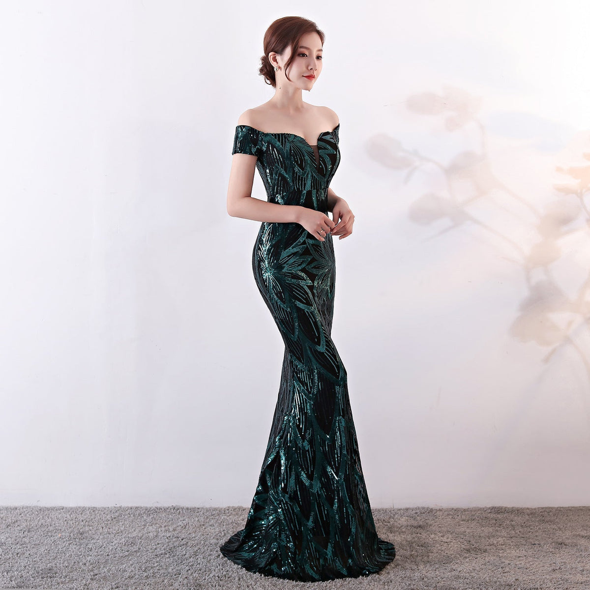 Off the Shoulder Sequined Evening Dress: Long Fish Tail, Slim Fit - View 2 | VelvetHem