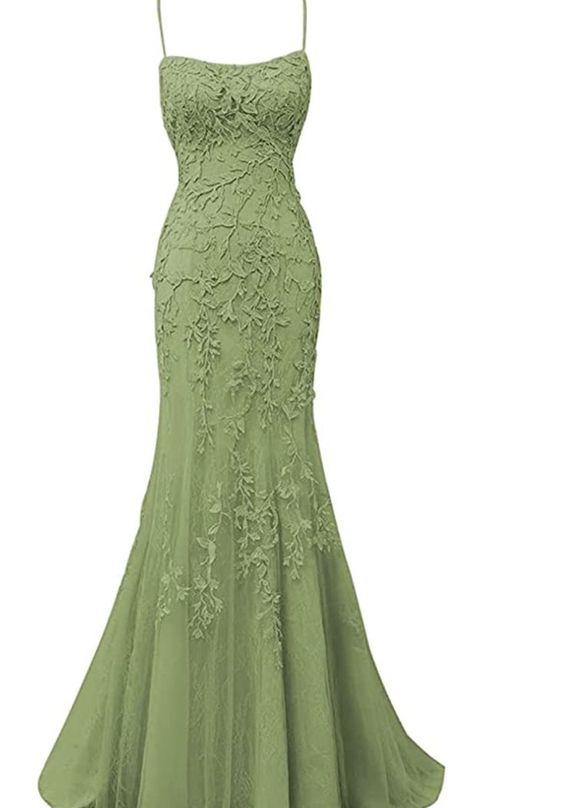 Sage Green Lace Appliques Dresses Long Prom Dress Mermaid Spaghetti Straps Evening Dress Y295 - VelvetHem