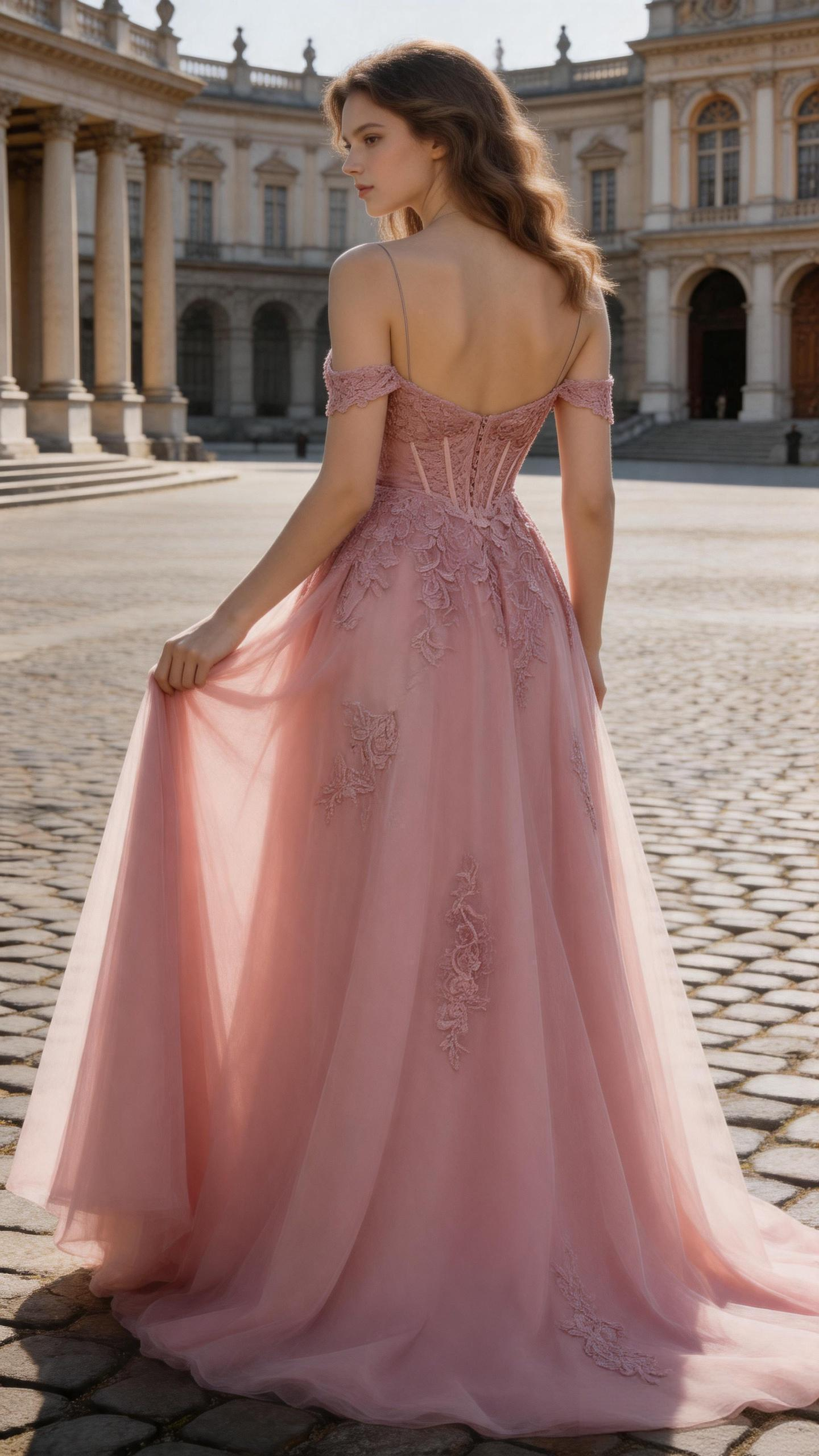 Dusty Rose Off-the-Shoulder Lace Corset Gown Tulle A-Line Prom Dress with Slit (ZD16871)