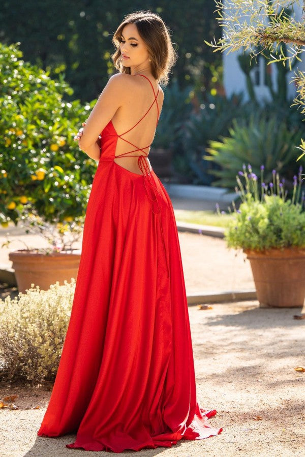 Spaghetti-Straps Red Prom Dress Long Sleeveless With Split - View 2 | VelvetHem