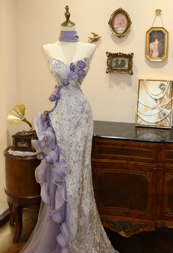 Lilac Mermaid Prom Party Dress With 3d Flowers Classy 21st Birthday Outfit - VelvetHem