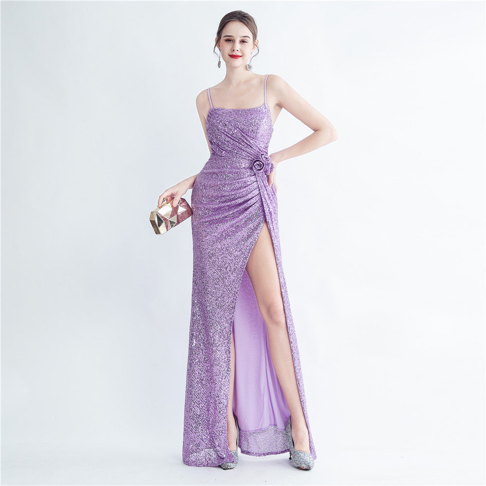 Gathers Sequ Handmade Floral Split Sling Simple Evening Dress - View 8 | VelvetHem