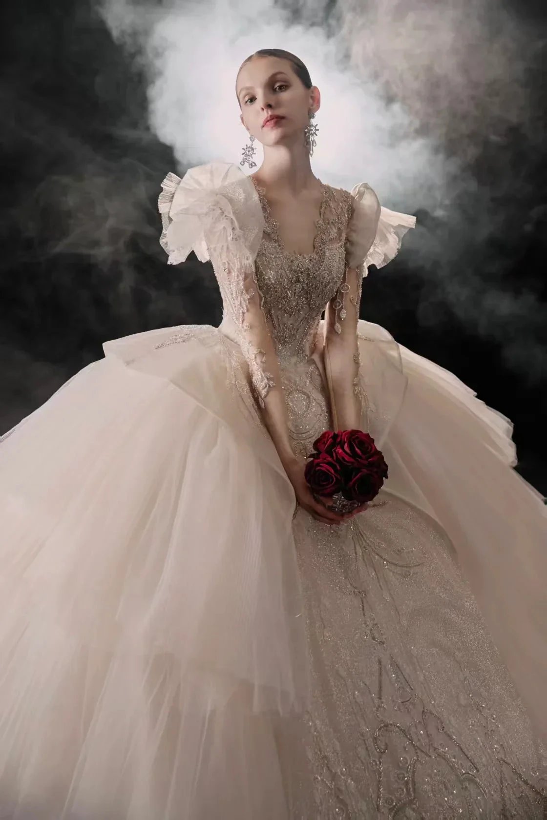 Glamorous V-Neck Ball Gown Long Lace Sleeve Beaded Embroidery Wedding Dress with Ruffled Train E315 by ZAPDRESS