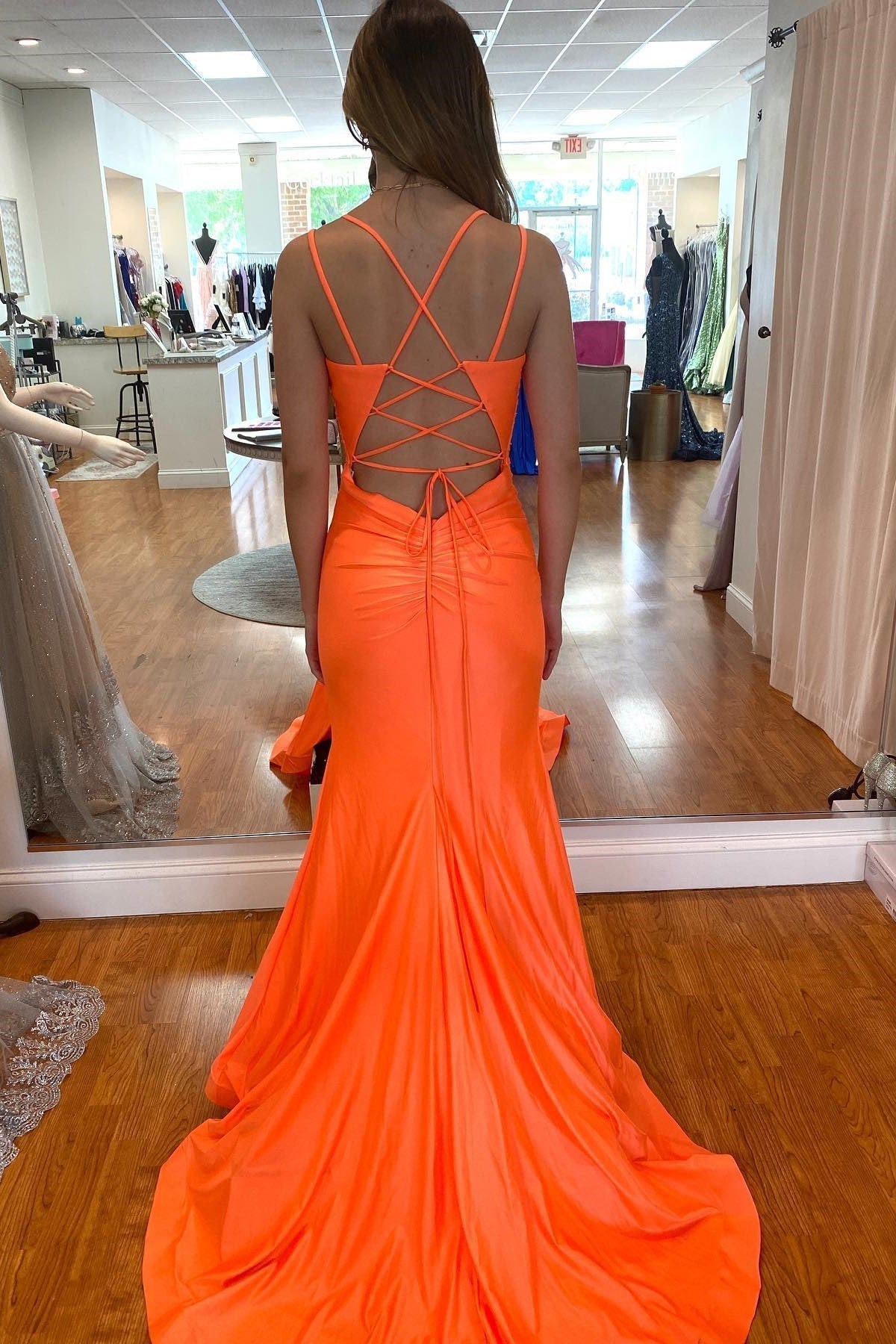 Orange Mermaid Long Prom Dresses Formal Evening Gowns Y486 - View 2 | VelvetHem