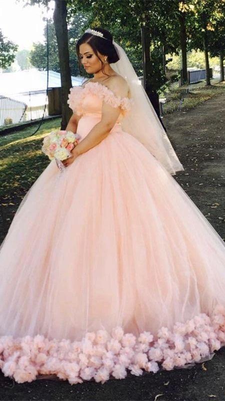 Off The Shoulder Hand Made Flowers Wedding Dress Tulle Wedding Dress Y474 by simplepromdress