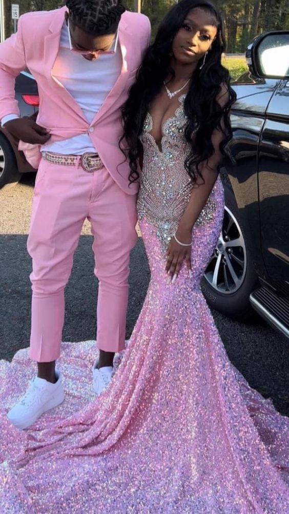 Pink prom dresses, deep v neck prom dresses, sparkly prom dresses, evening dresses, mermaid evening dresses Y467 - VelvetHem