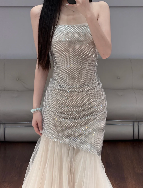 Sleeveless Silver Prom Party Dress Mermaid Evening Dress - View 2 | FashionDia