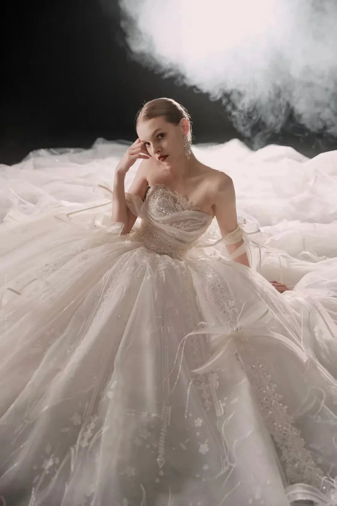 Romantic Strapless Ball Gown Tulle Ribbon Embellished Lace Wedding Dress with Voluminous Skirt (ZD16901) - View 5 | VelvetHem