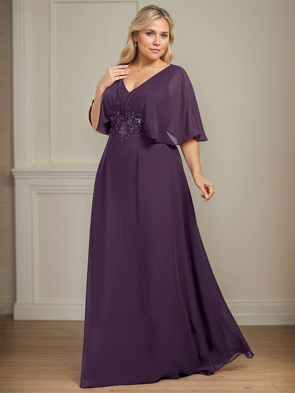 A-Line V-Neck Floor-Length Chiffon Mother of the Bride Dress With Appliques Pleated - View 10 | FashionDia