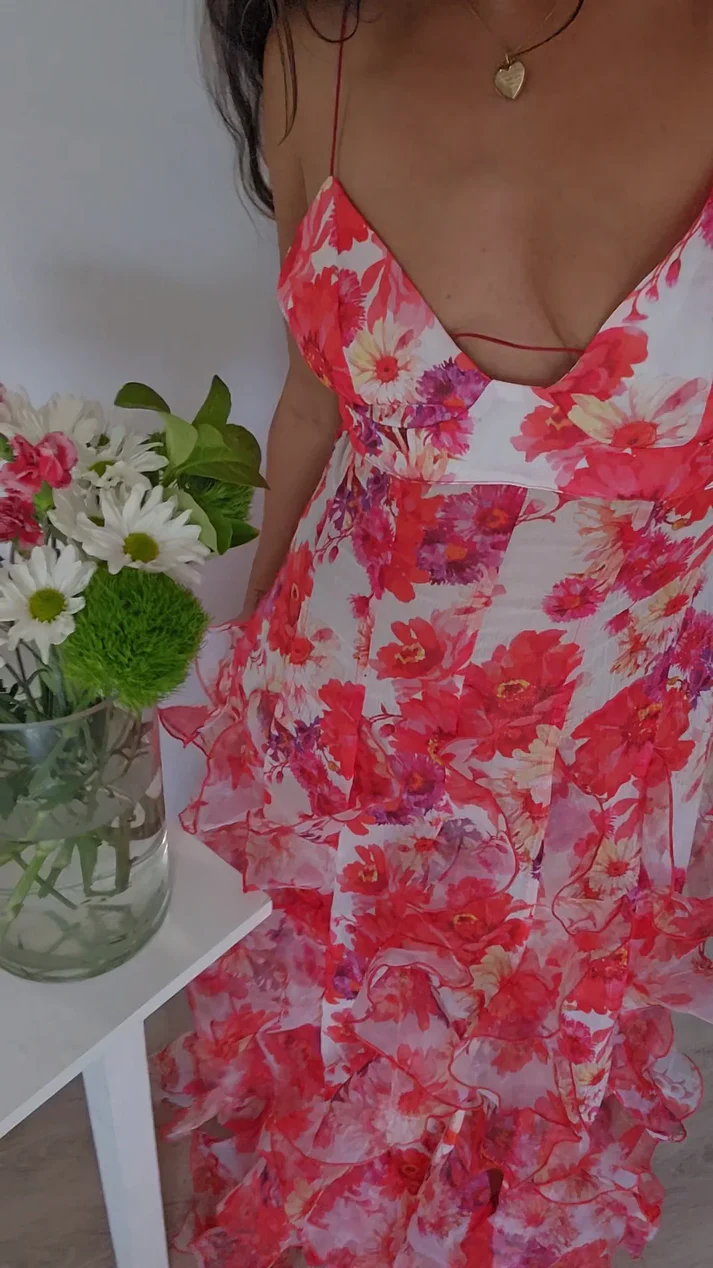 Sexy Red Floral Printed Backless Ruffle Long Party Dress Prom Evening Dress - View 2 | FashionDia