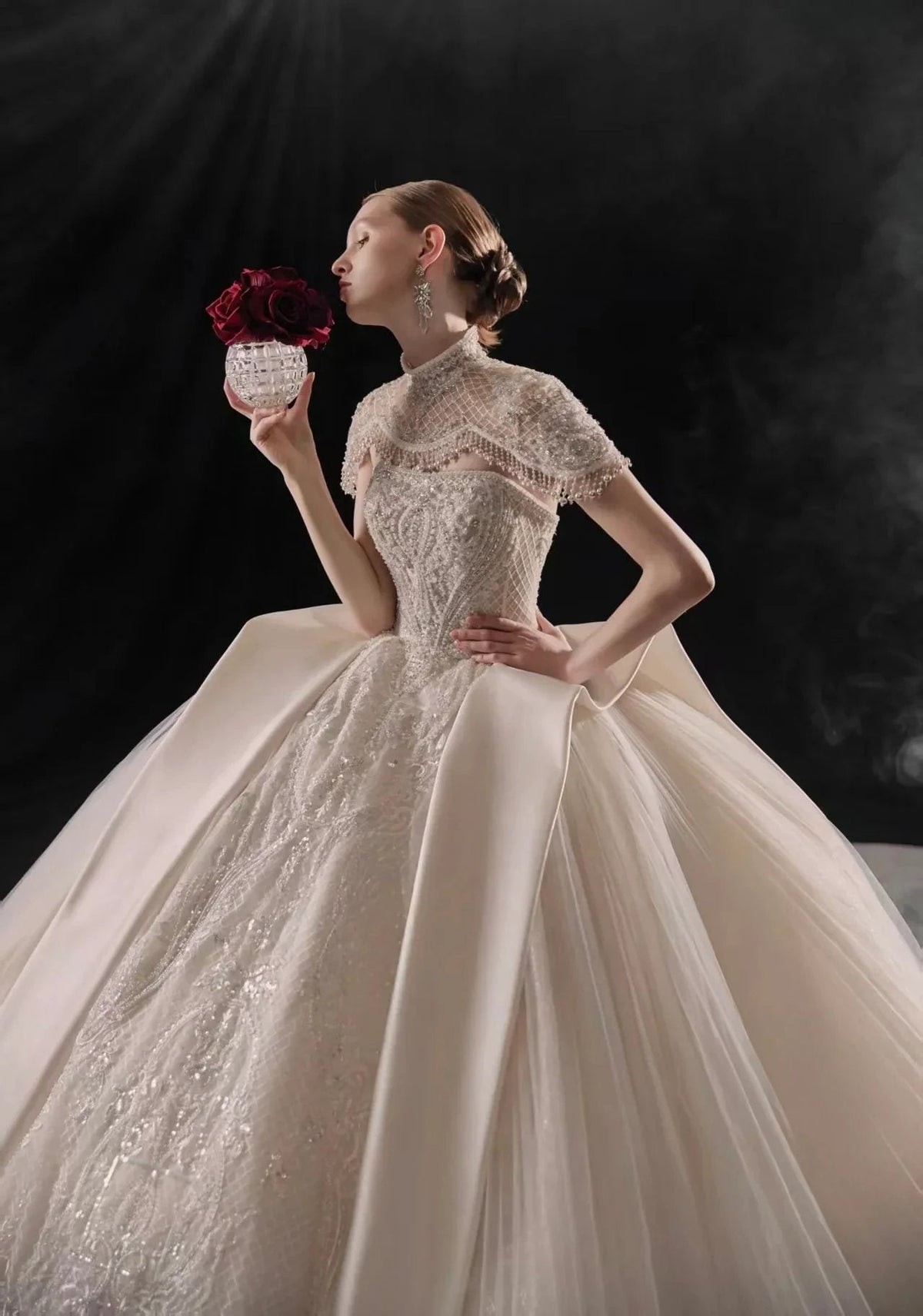 Regal High-Neck Ball Gown Beaded Mesh Capelet Satin Panel Wedding Dress with Embroidered Train (ZD16902) - View 3 | VelvetHem