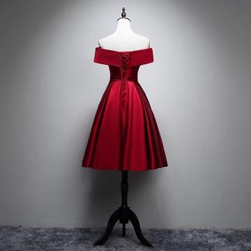 Sexy Tea-Length Sweet Red Satin Homecoming Dress Off-the-Shoulder Short Party Dress - View 2 | FashionDia