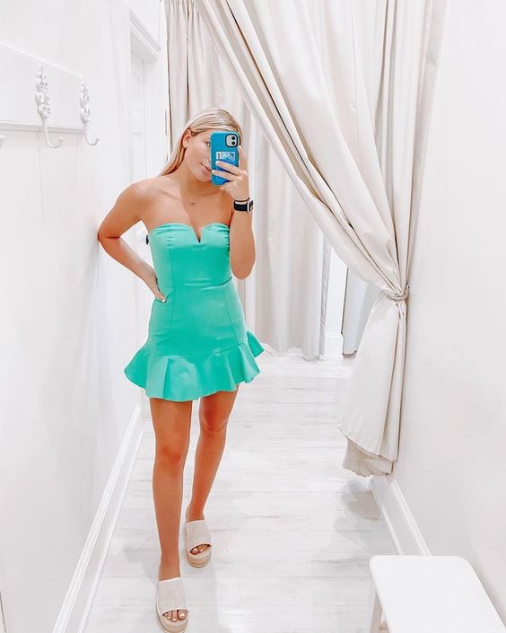 Fresh Mint Green Strapless Cute Homecoming Dress Rufflues Bottom Party Dress - FashionDia