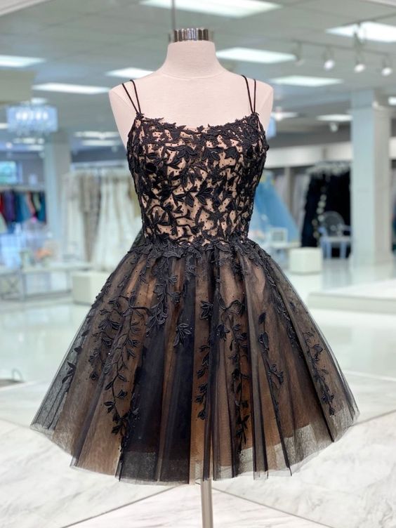 cocktail black lace applique short spaghetti strap beaded tulle cheap homecoming dresses - FashionDia