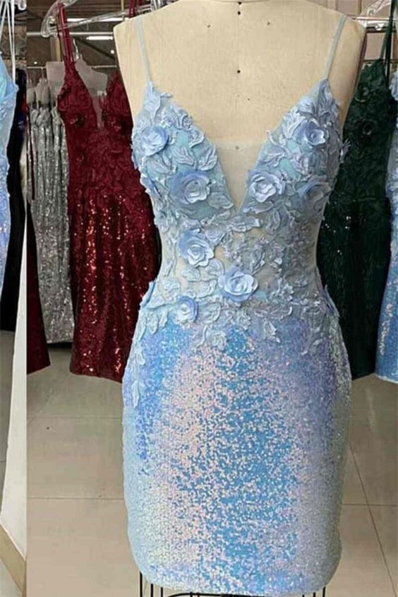 Light Blue Floral Tight Homecoming Dress