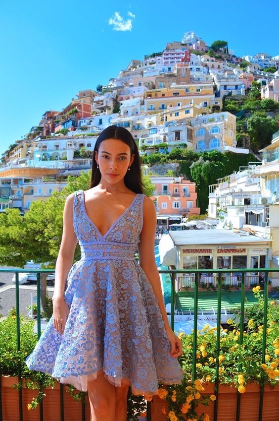 A-Line V-Neck Short Homecoming Dress With Lace Sleeveless Party Dress - FashionDia