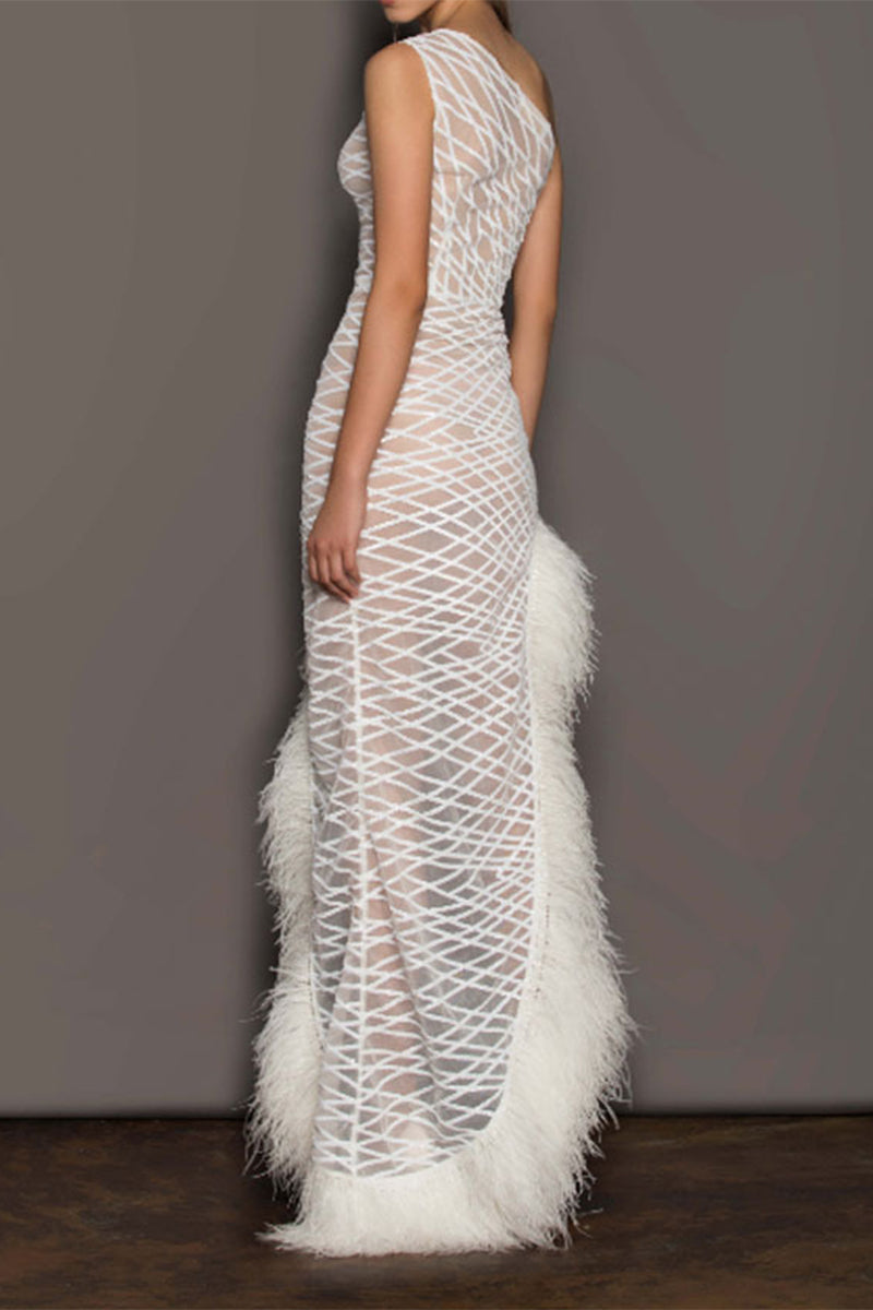 Sexy Prom Irregular Mesh Feather Hemline Sloping Shoulder Evening Dresses - View 2 | VelvetHem