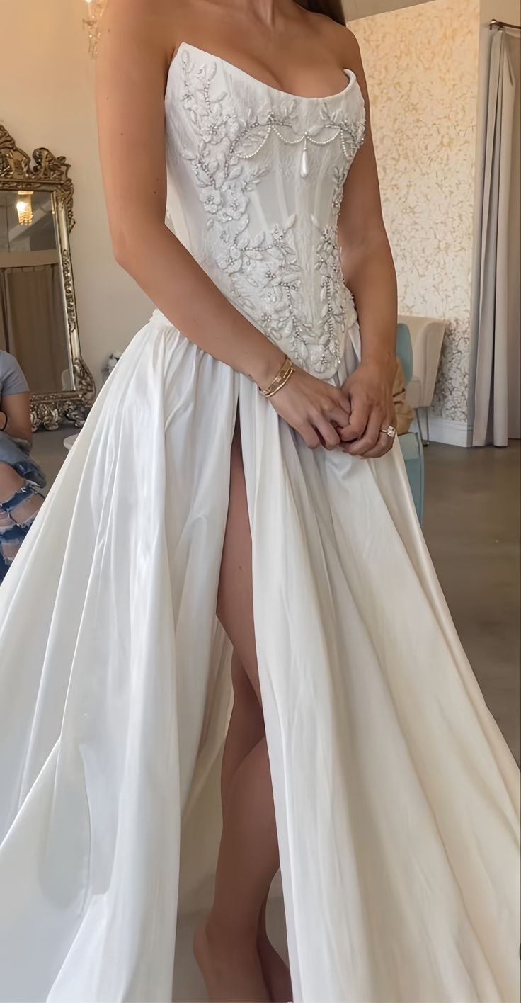 Charming Beaded Satin A Line Slit Prom Dress White Wedding Dress