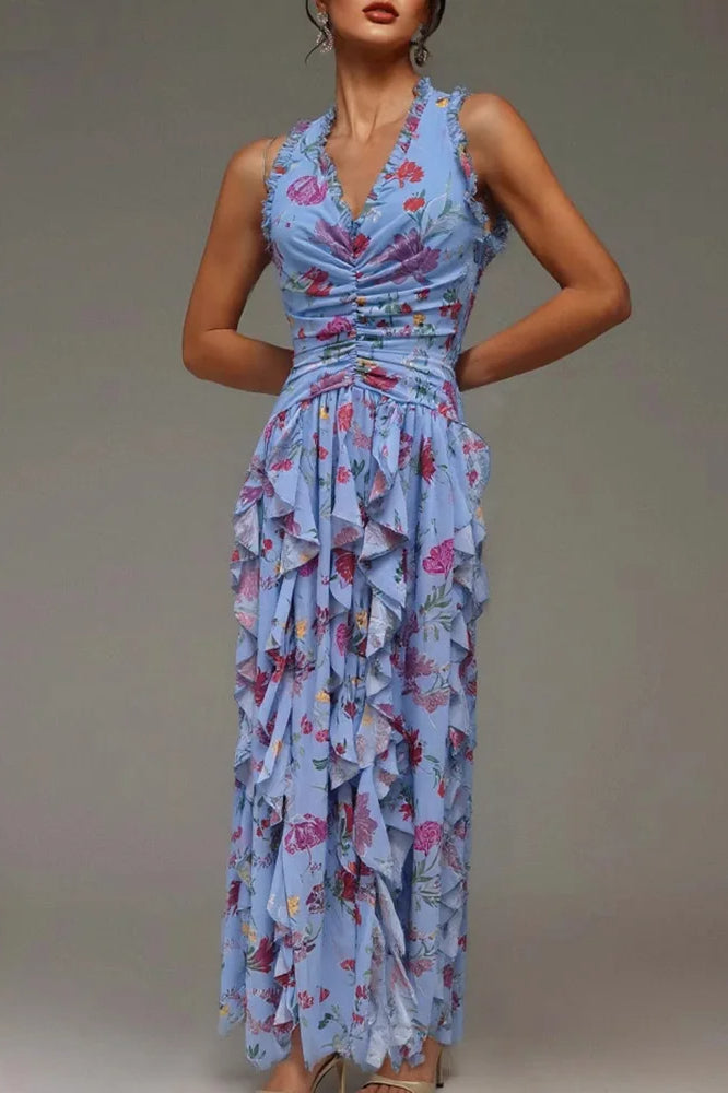 Sleeveless Hollow Maxi Floral Dress - View 6 | FashionDia