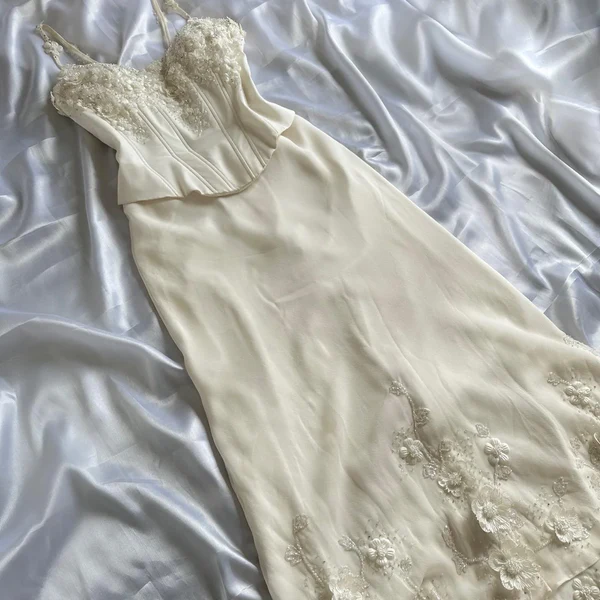 Spaghetti Straps Beige Long Prom Dress Beaded Flower Birthday Dress