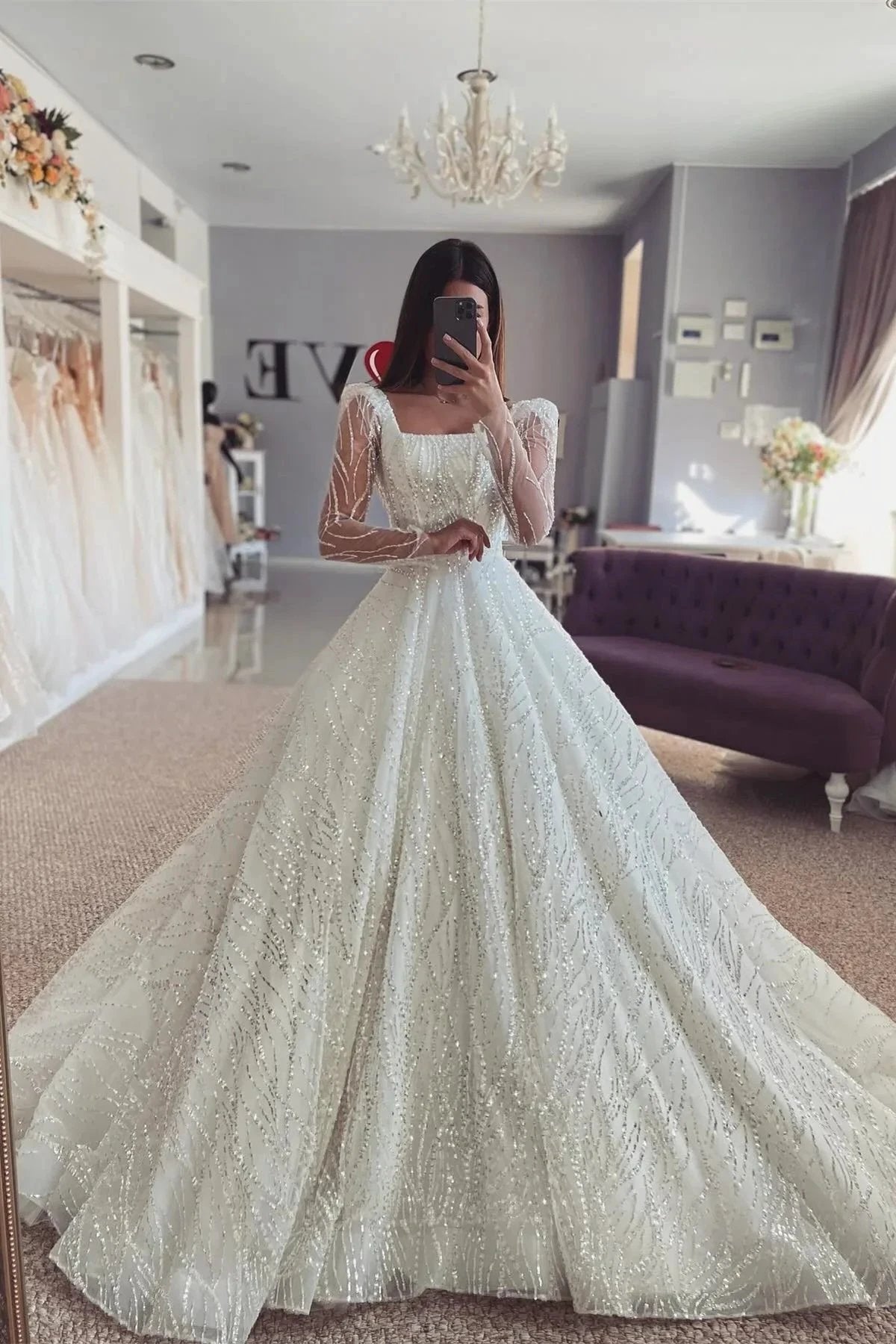 Fabulous A-Line Lace Off-The-Shoulder Long Sleeve White Wedding Dress With Ruffles (ZD15546)
