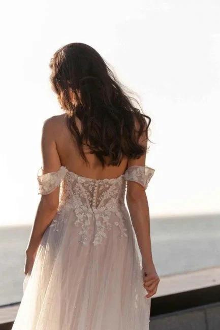 Fabulous A-Line Lace Off-The-Shoulder Sleeveless White Wedding Dress With Ruffles (ZD15530)