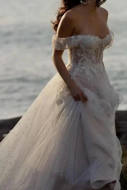 Fabulous A-Line Lace Off-The-Shoulder Sleeveless White Wedding Dress With Ruffles (ZD15530)
