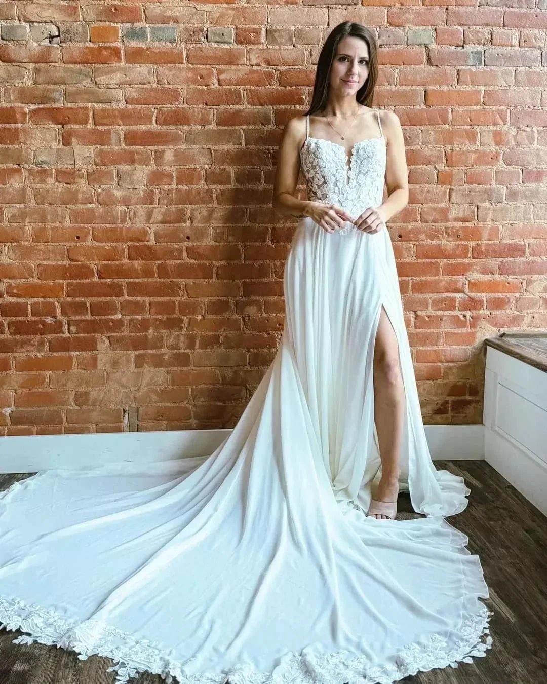 Fabulous A-Line Lace Spaghetti Straps Sleeveless White Wedding Dresses With Split Train (ZD15535)
