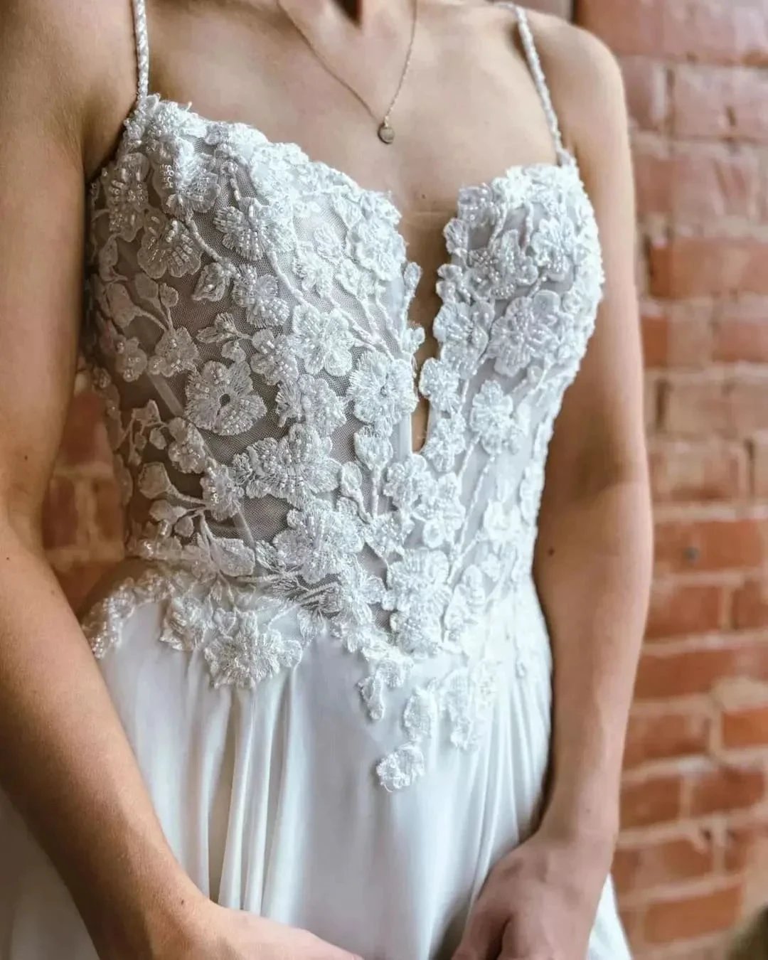 Fabulous A-Line Lace Spaghetti Straps Sleeveless White Wedding Dresses With Split Train (ZD15535)