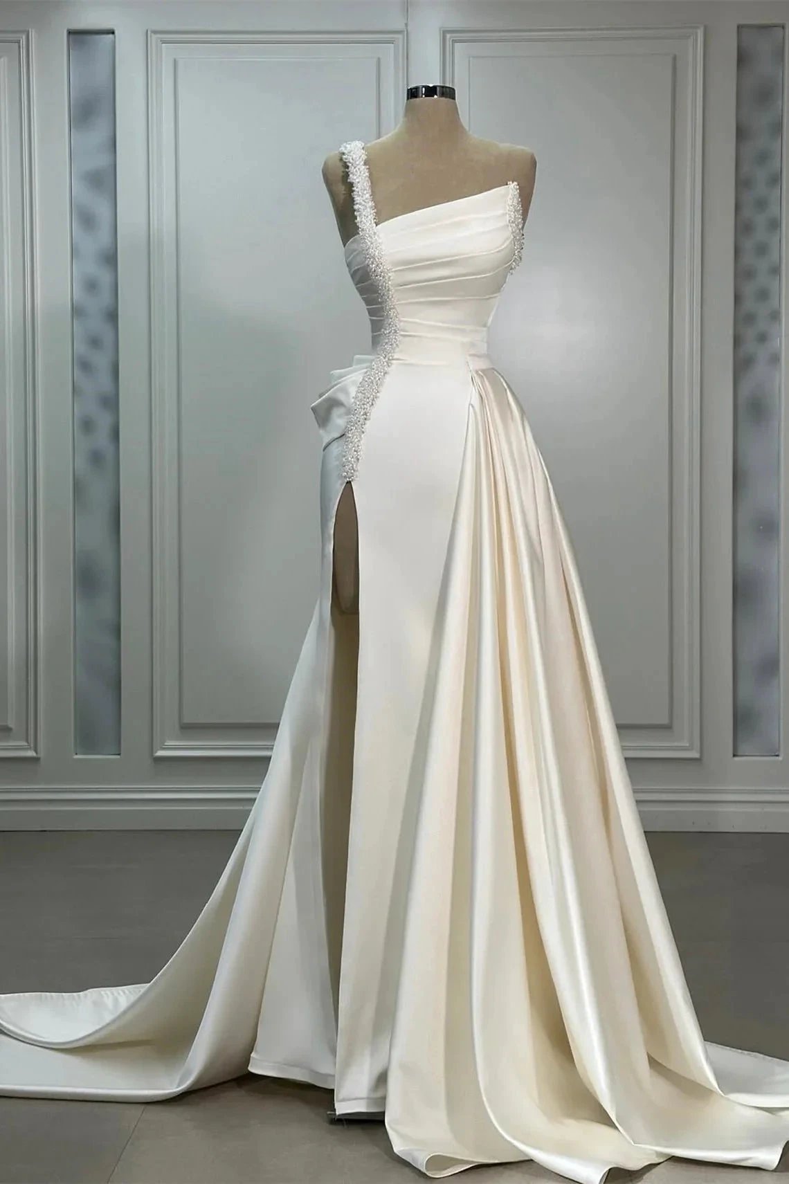 Fabulous A-Line Satin One Shoulder Sleeveless Wedding Dresses With Ruffles Split Front (ZD15561)