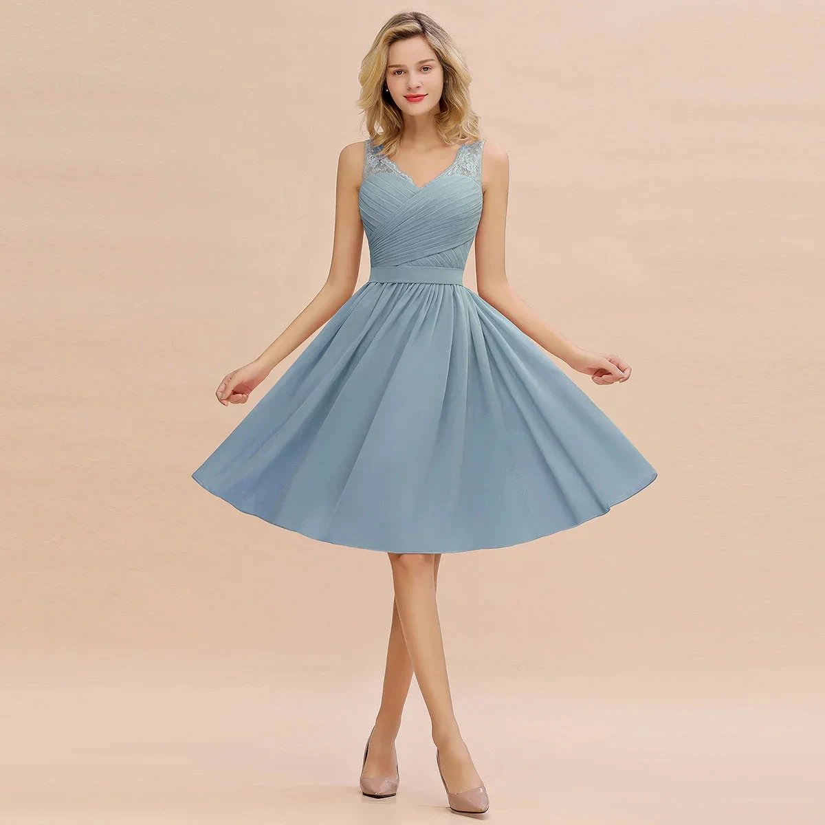 Fabulous A-Line V-Neck Sleeveless Satin Short Bridesmaid Dresses by misshow.com
