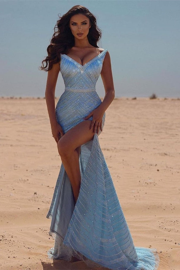 Fabulous Blue V-Neck Sequins Mermaid Prom Dress Split