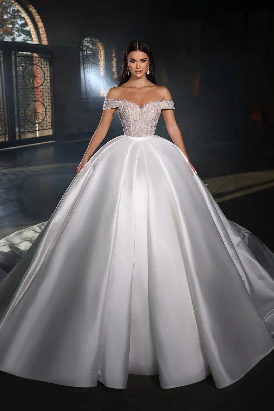 Fabulous Floor Length Sweetheart Sleeveless Off-The-Shoulder A-Line Satin Wedding Dress with Ruffles (ZD15772)