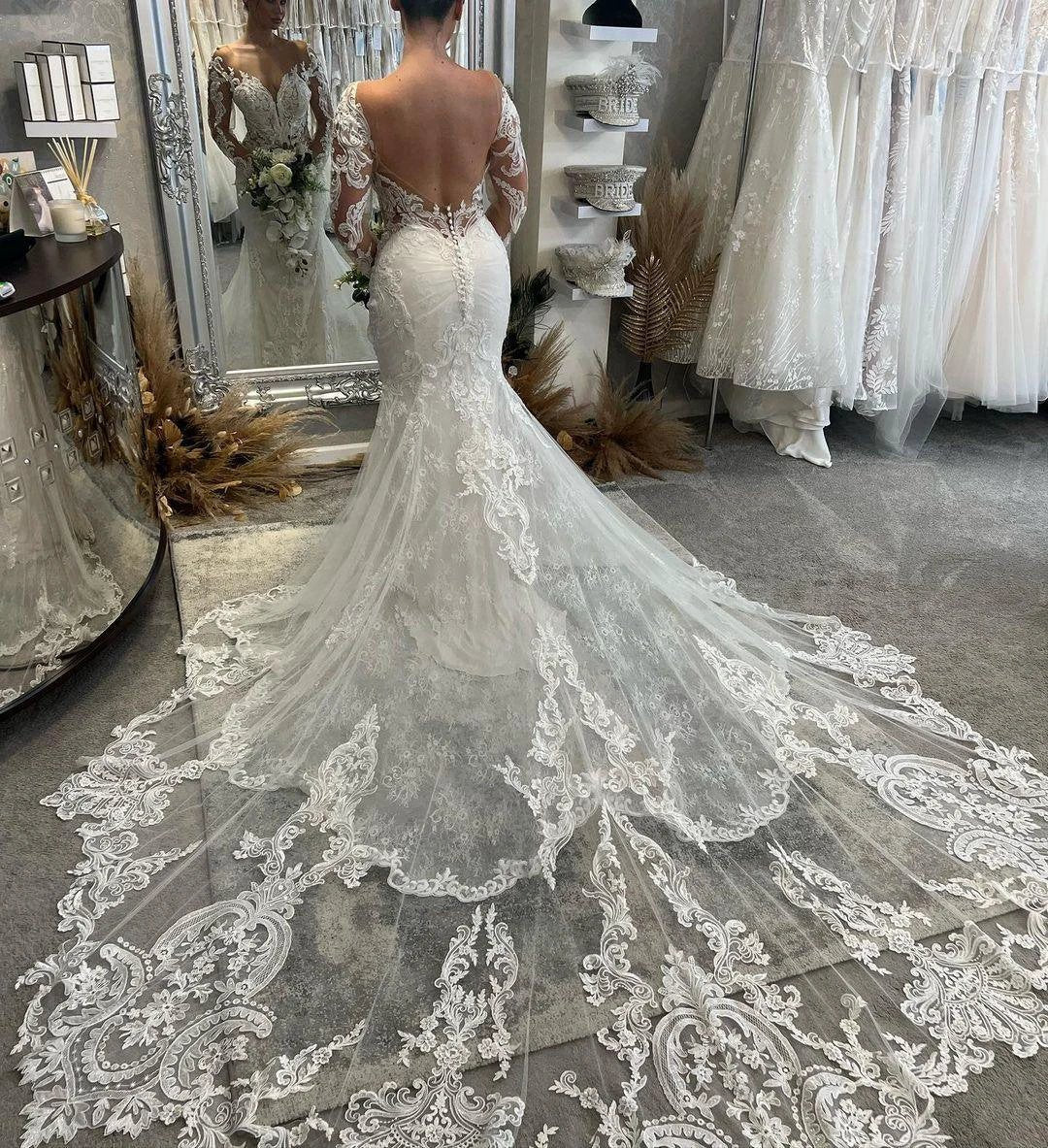 Fabulous Floor Length V-Neck Long Sleeves Mermaid Lace Wedding Dress with Chapel Train (ZD15765)