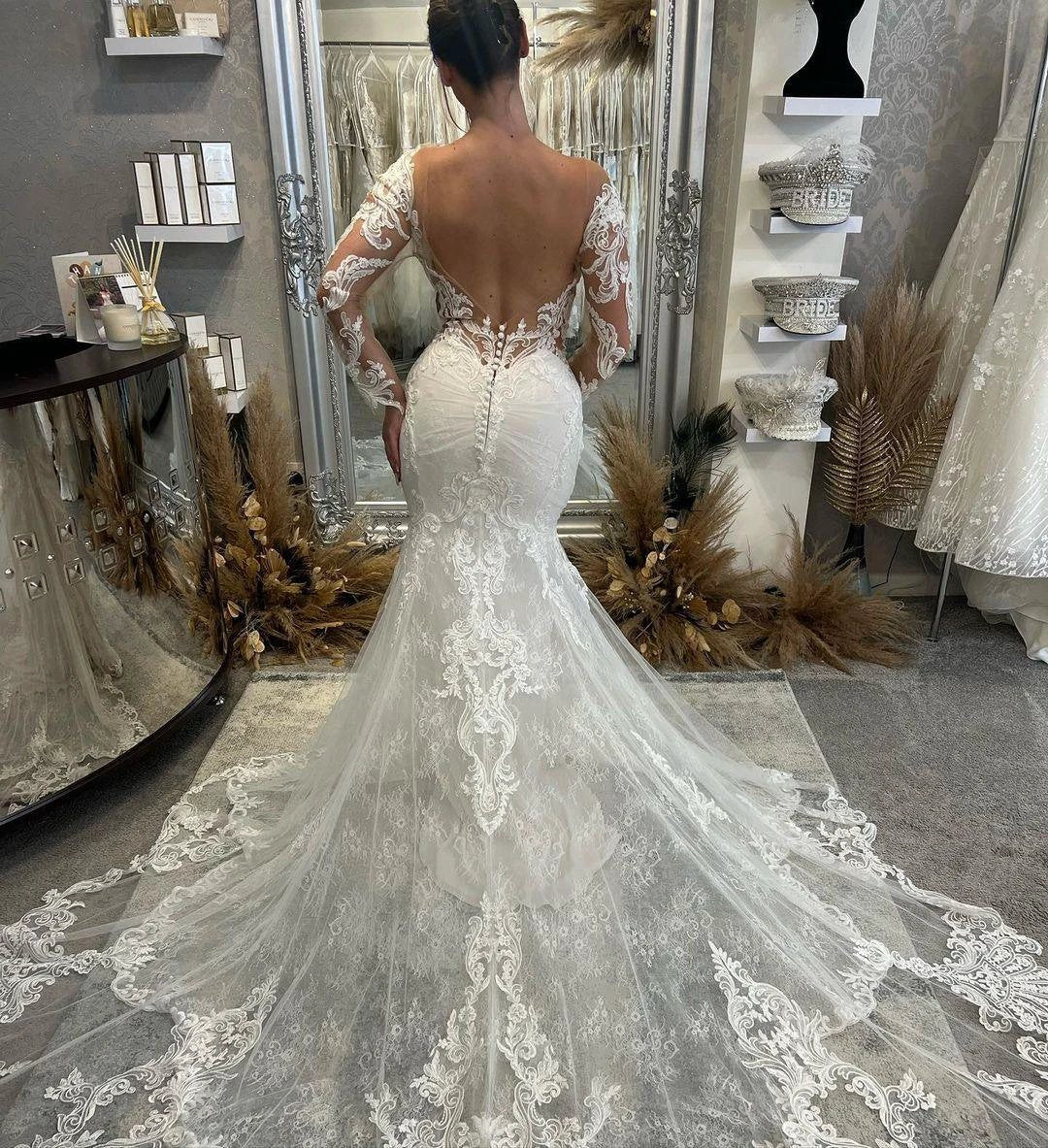 Fabulous Floor Length V-Neck Long Sleeves Mermaid Lace Wedding Dress with Chapel Train (ZD15765)
