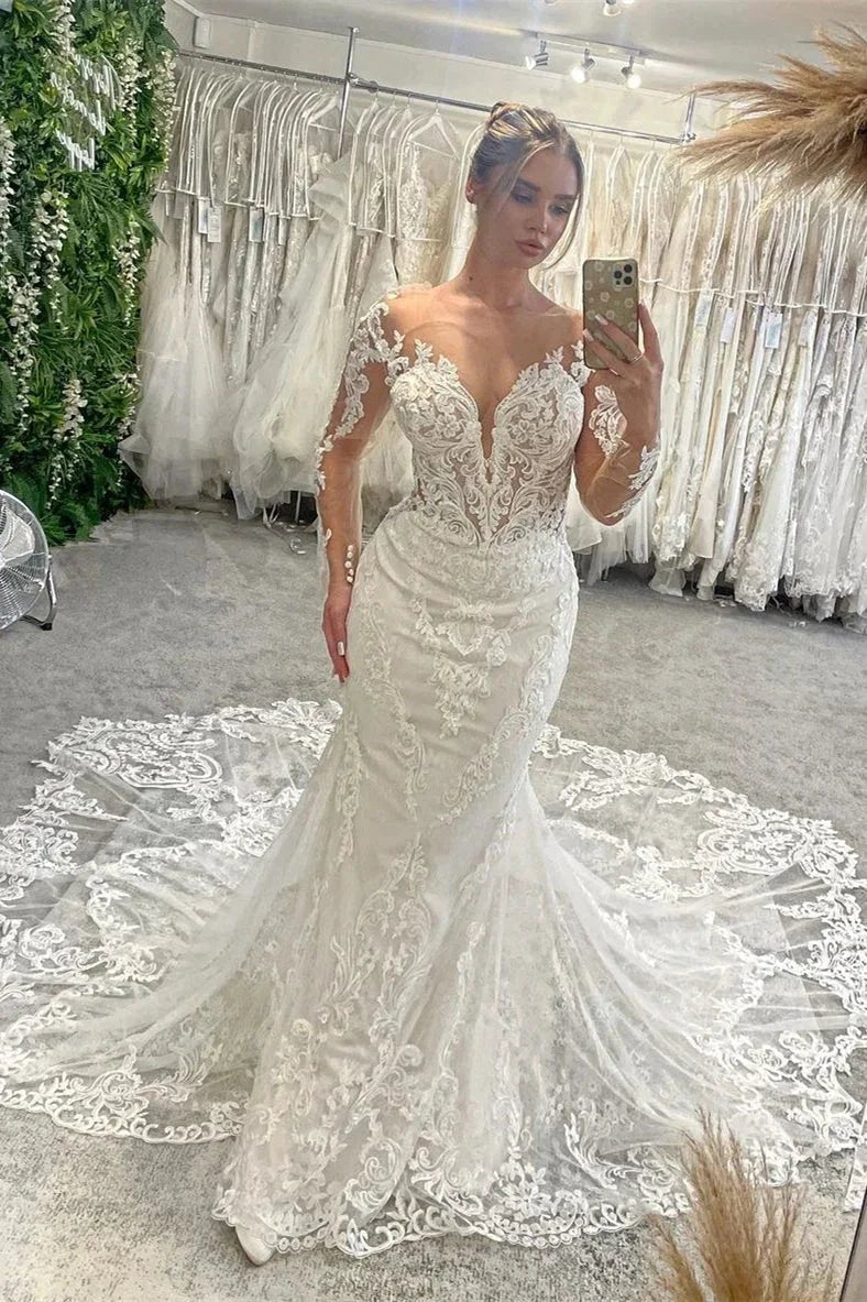 Fabulous Floor Length V-Neck Long Sleeves Mermaid Lace Wedding Dress with Chapel Train (ZD15765)