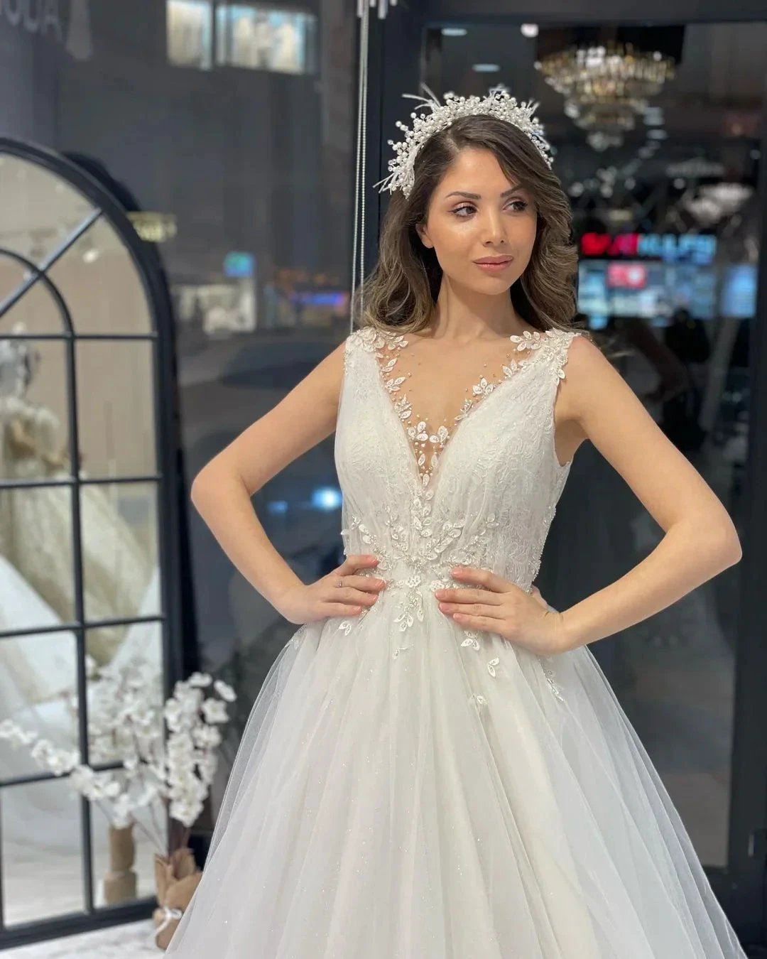 Fabulous Floor Length V-Neck Sleeveless A-Line Tulle Wedding Dress (ZD14797)