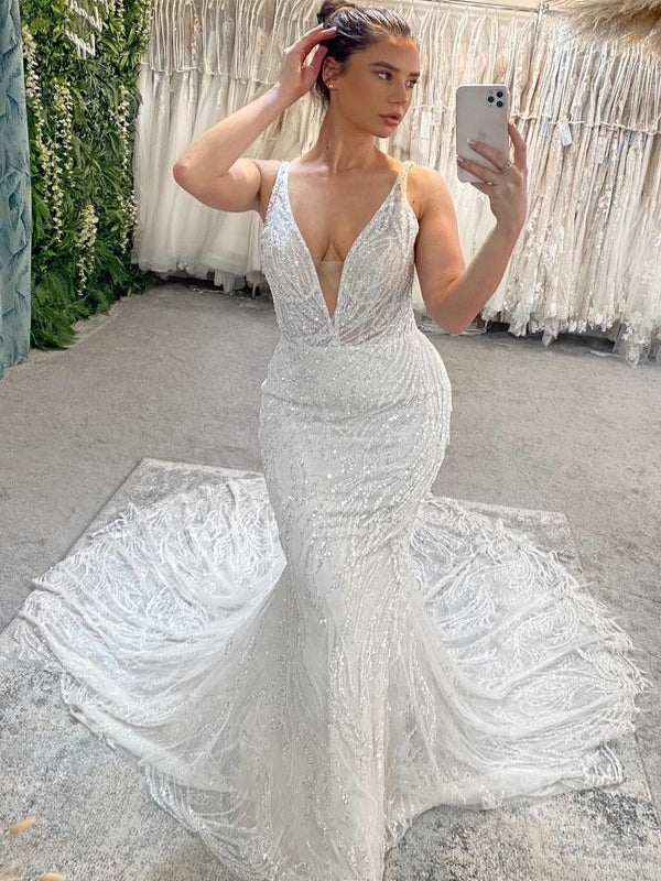 Glam Plunge V Neck Backless Beaded Lace Mermaid Wedding Gown With Oversized Train