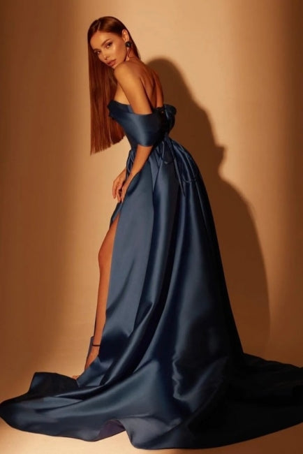 Fabulous Long Navy Blue A-Line Off-the-shoulder Prom Dresses With Split Online