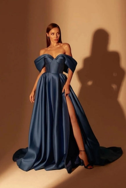 Fabulous Long Navy Blue A-Line Off-the-shoulder Prom Dresses With Split Online